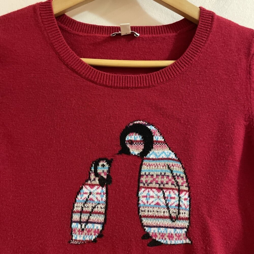 Talbots Women’s Fair Isle Penguin Sweater Size SP Red Sequins Winter Novelty